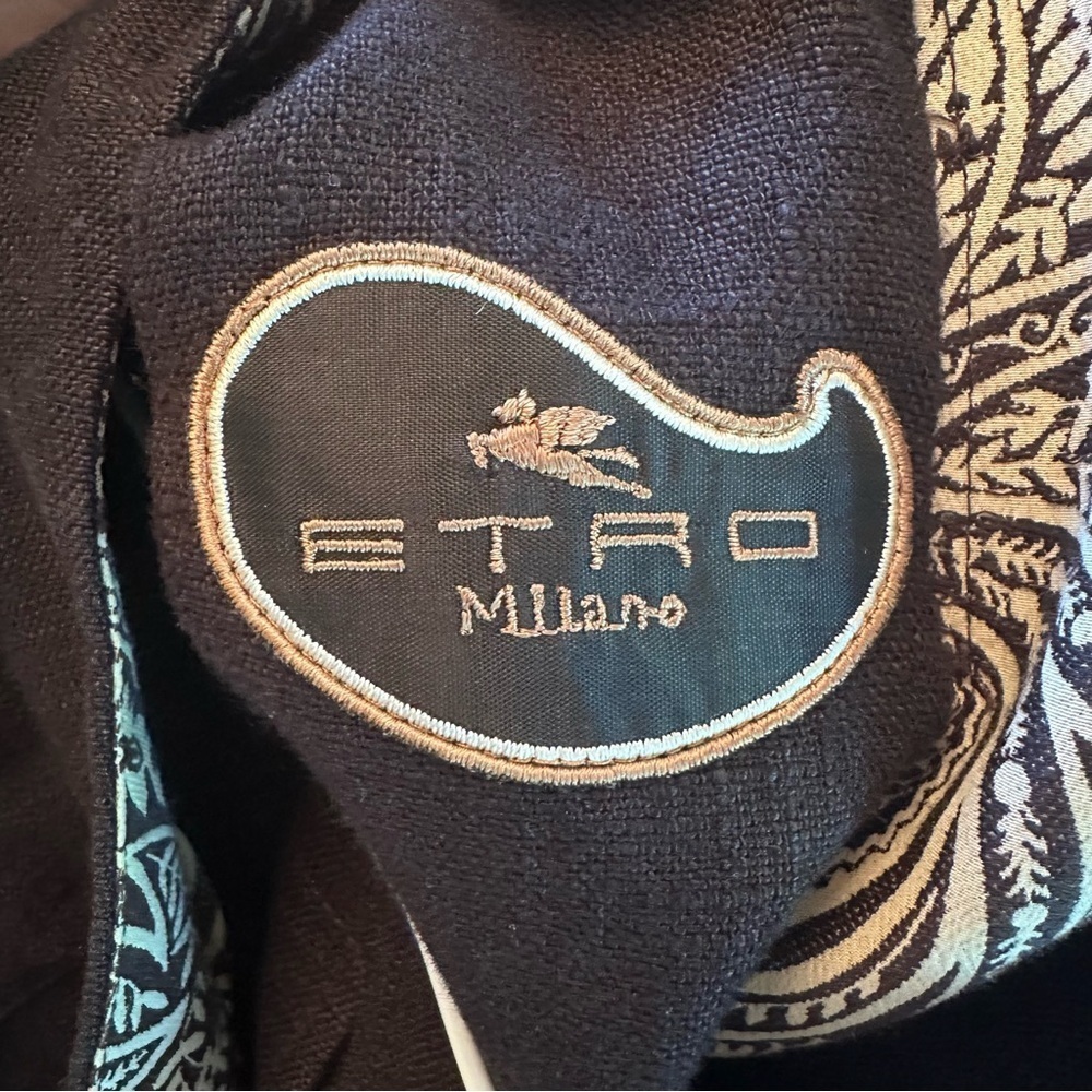 Etro Black Linen Blend Cropped Blazer with Paisley Trim - Picture 8 of 10